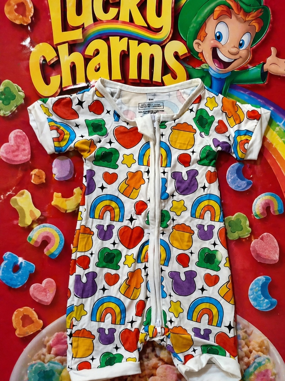 NWOT Lucky Charms Inspired Bamboo Baby Romper - Colorful Rainbows & Hearts